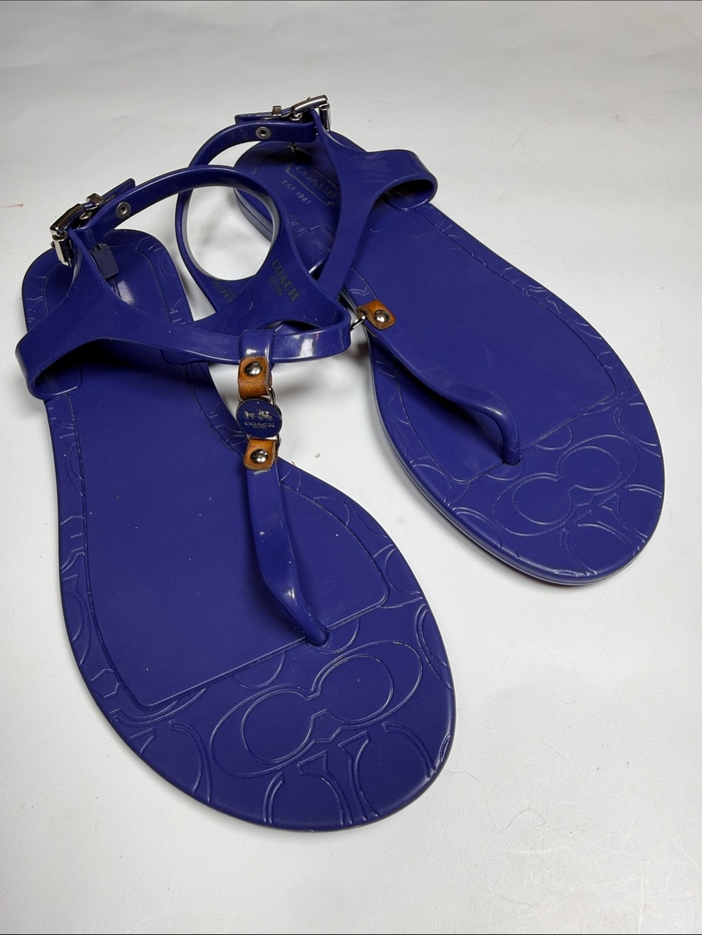 Coach Piccadilly Blue Synthetic T-strap Medallion Ankle Strap Sandal S-572 Sz 7